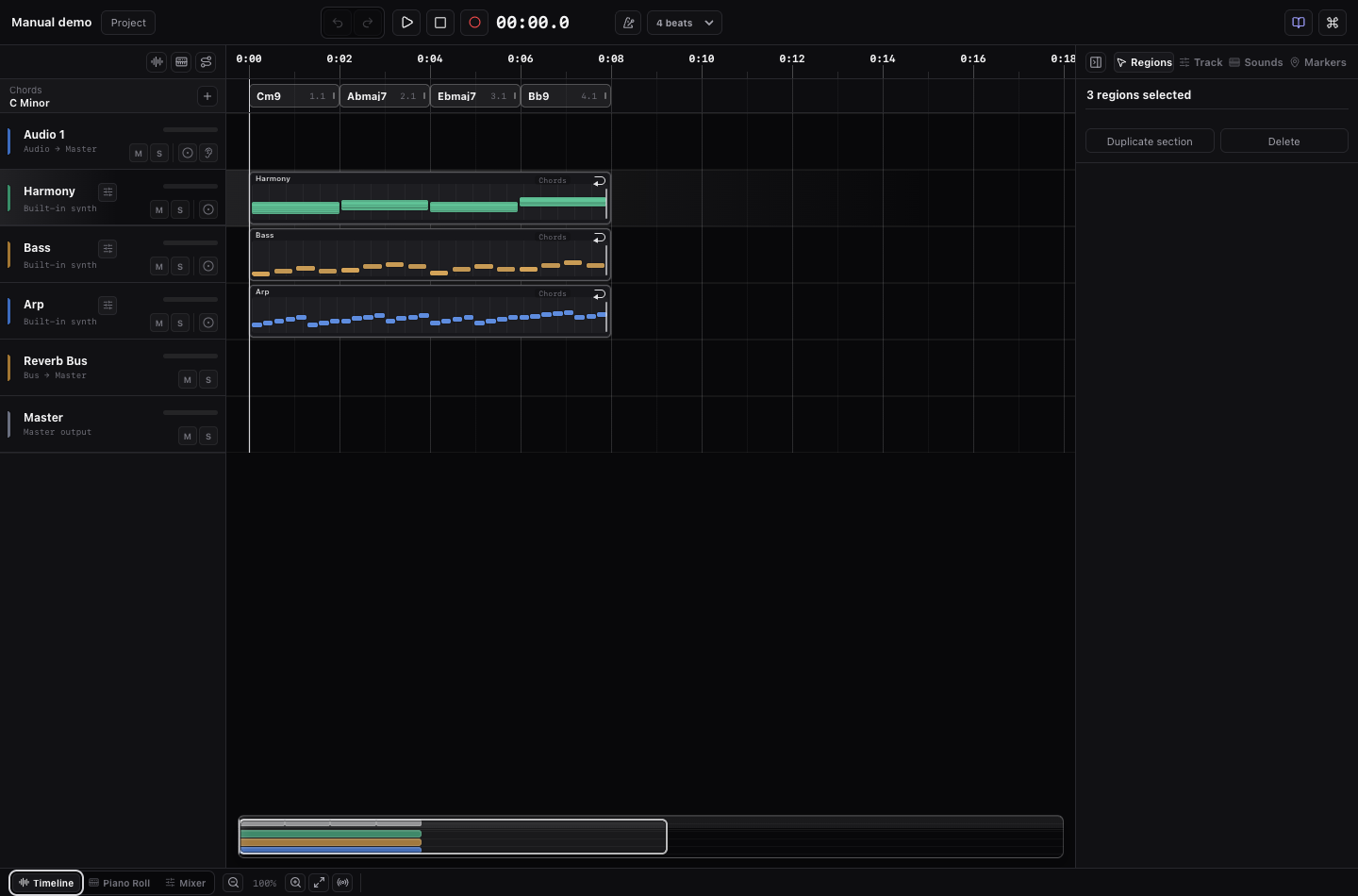 Miaou project showing tracks, regions, chord blocks, effects, and the piano roll